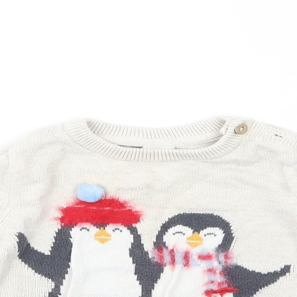 H&M Baby Beige  Cotton Pullover Jumper Size 6-9 Months  Button - Penguins