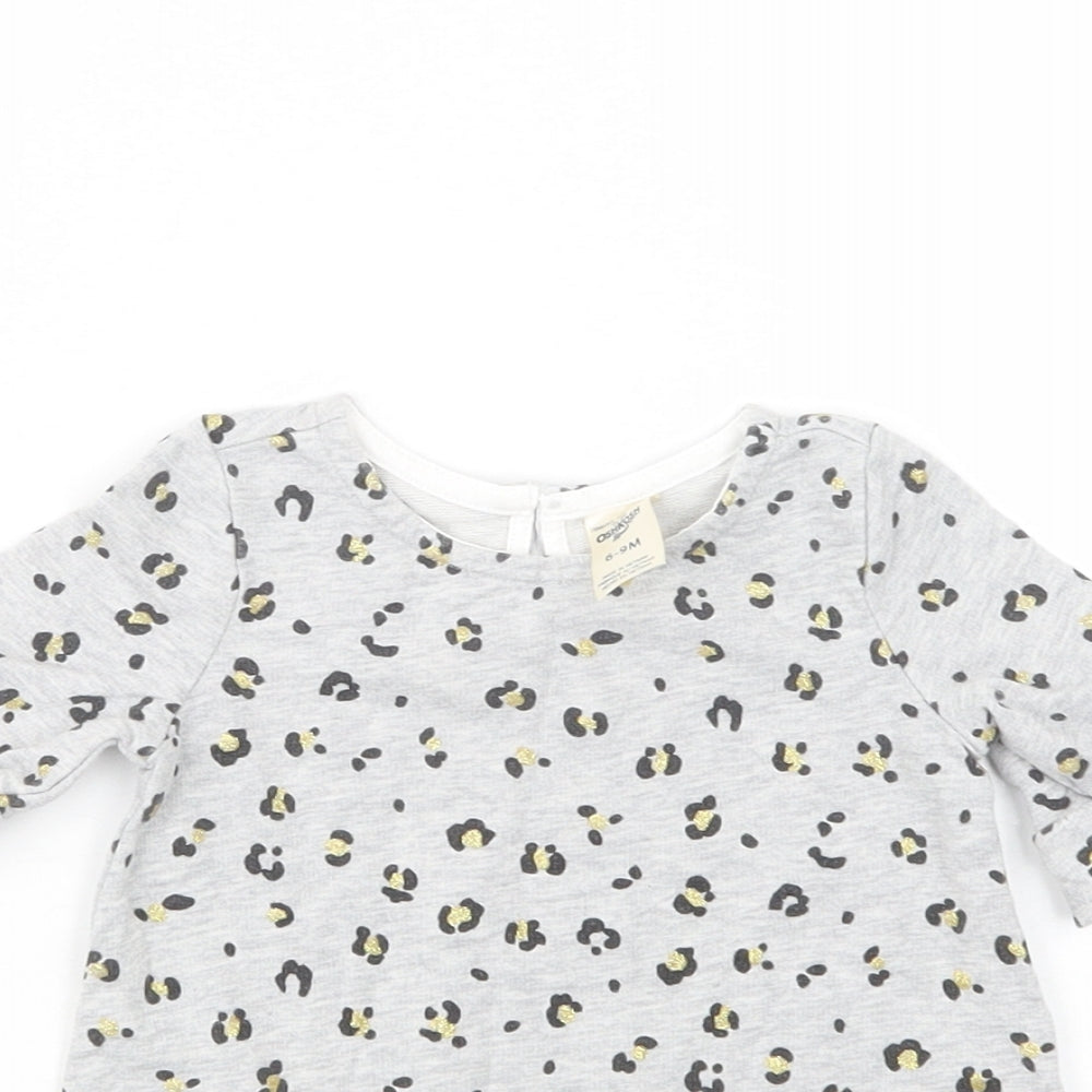 OshKosh Baby Grey Animal Print Cotton Basic Blouse Size 6-9 Months Crew Neck Button
