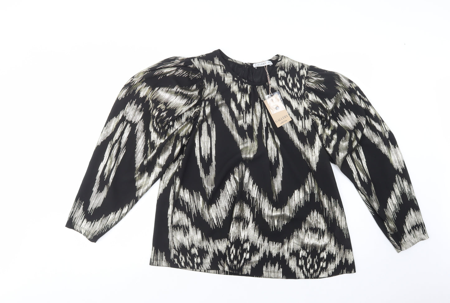 Gallery Womens Black Geometric Polyester Basic Blouse Size 14 Crew Neck