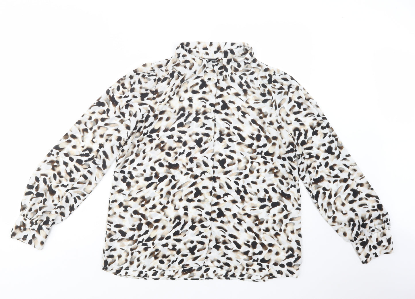 Dunnes Stores Womens White Animal Print Polyester Basic Button-Up Size 12 Collared
