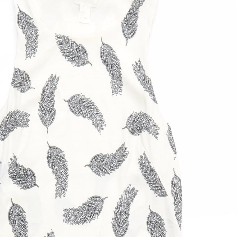 H&M Womens White Floral Polyester Shift  Size 8  Scoop Neck Pullover - Leaf Print