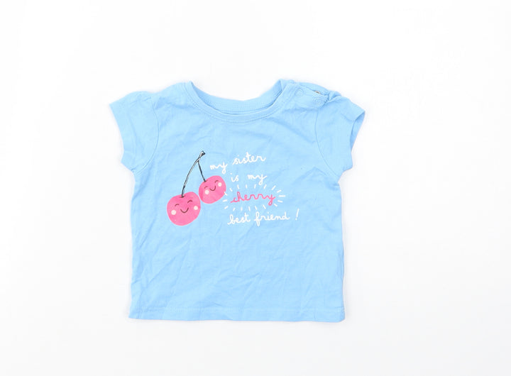 Primark Baby Blue  Cotton Basic T-Shirt Size 3-6 Months Crew Neck Snap - Cherry