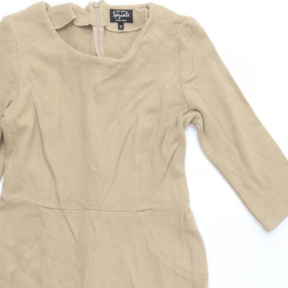Per Una Womens Beige  Wool Jumper Dress  Size 12  Scoop Neck Zip