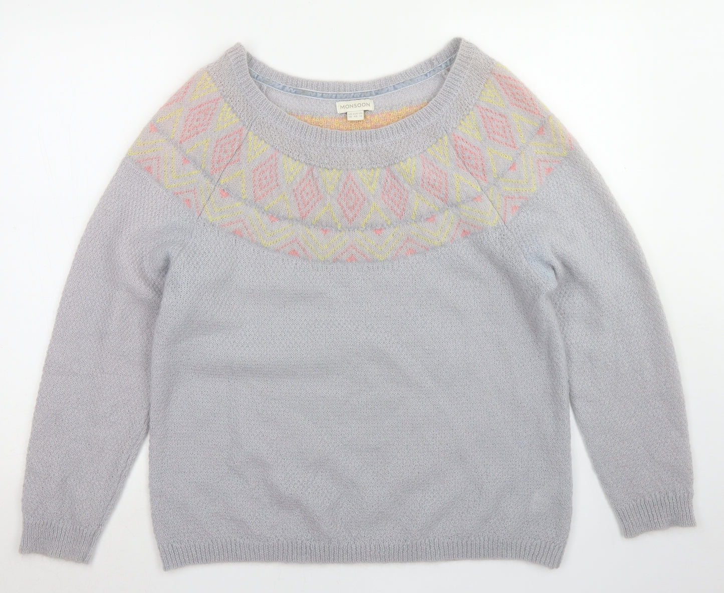Monsoon Womens Blue Round Neck Fair Isle Nylon Pullover Jumper Size 16