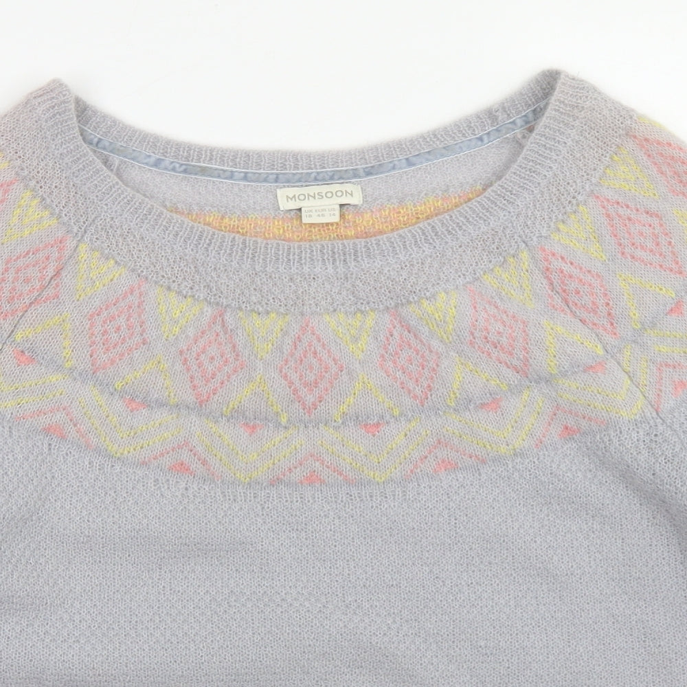 Monsoon Womens Blue Round Neck Fair Isle Nylon Pullover Jumper Size 16