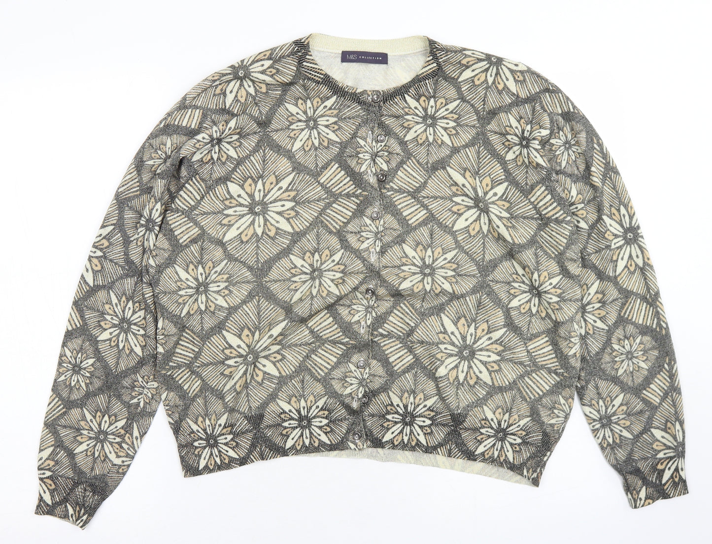 Marks and Spencer Womens Gold Crew Neck Floral Viscose Cardigan Jumper Size 22