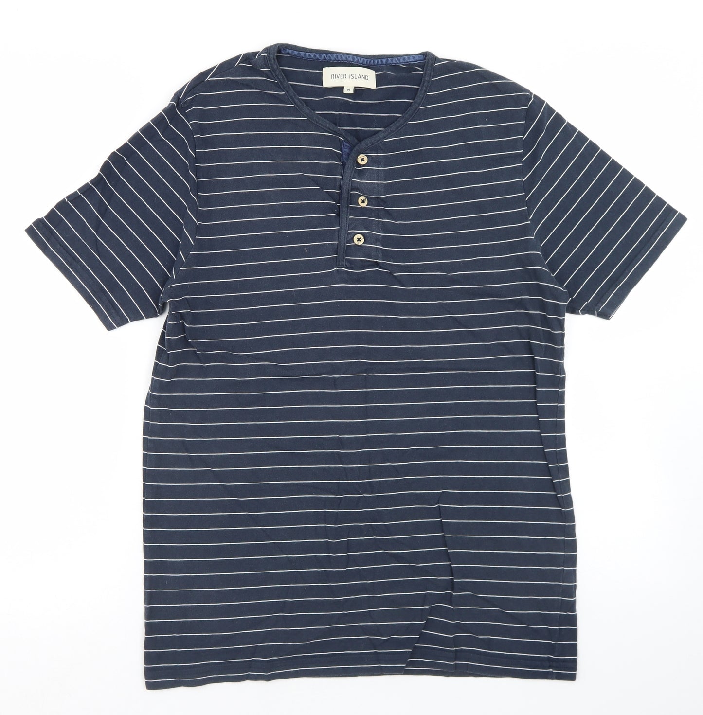 River Island Mens Blue Striped Cotton  T-Shirt Size M Henley