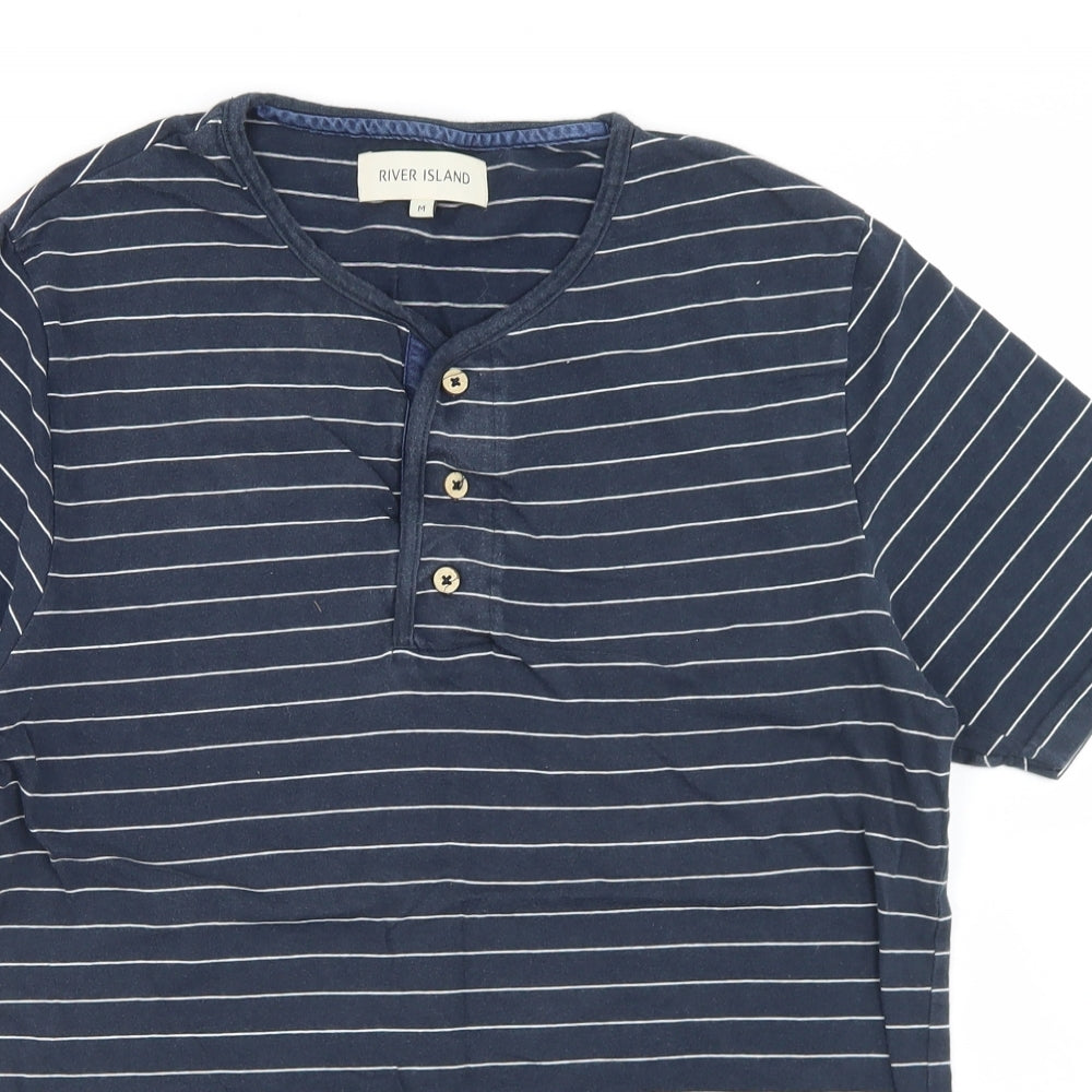 River Island Mens Blue Striped Cotton  T-Shirt Size M Henley