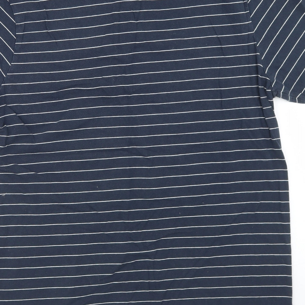 River Island Mens Blue Striped Cotton  T-Shirt Size M Henley