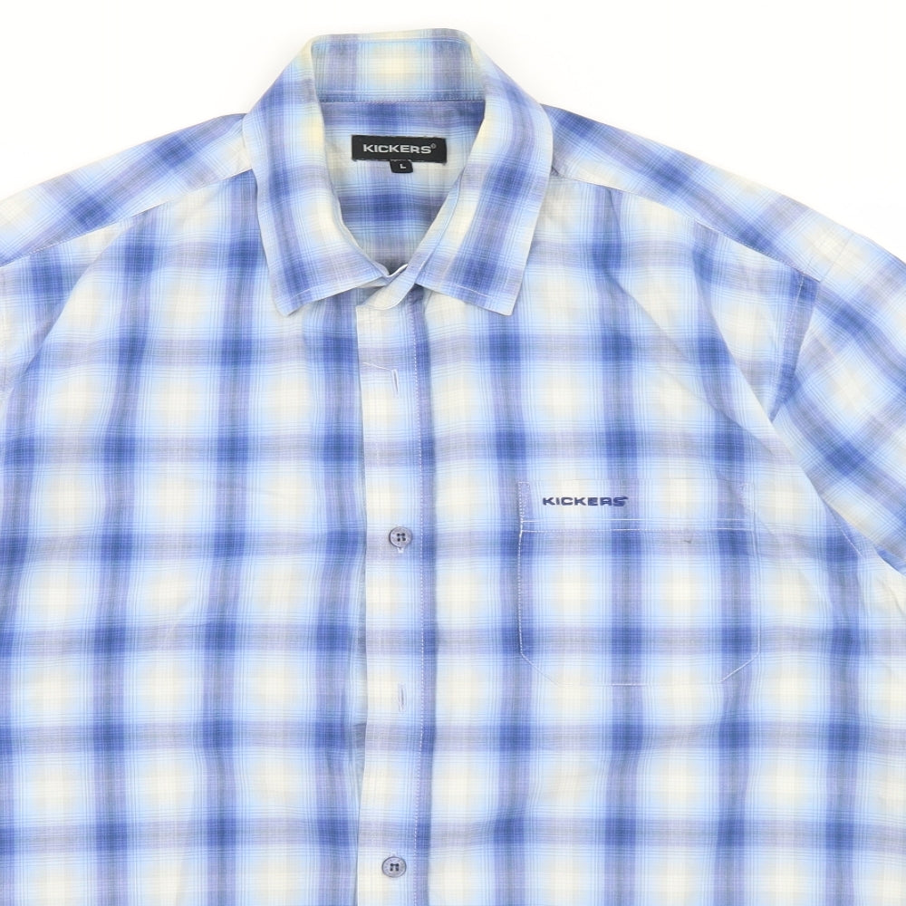 Kickers Mens Blue Plaid Cotton  Button-Up Size L Collared Button