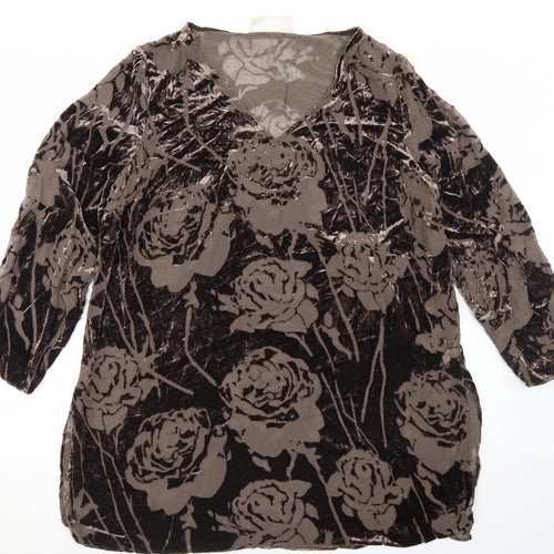 Ann Harvey Womens Brown Floral Viscose Basic Blouse Size 16 V-Neck