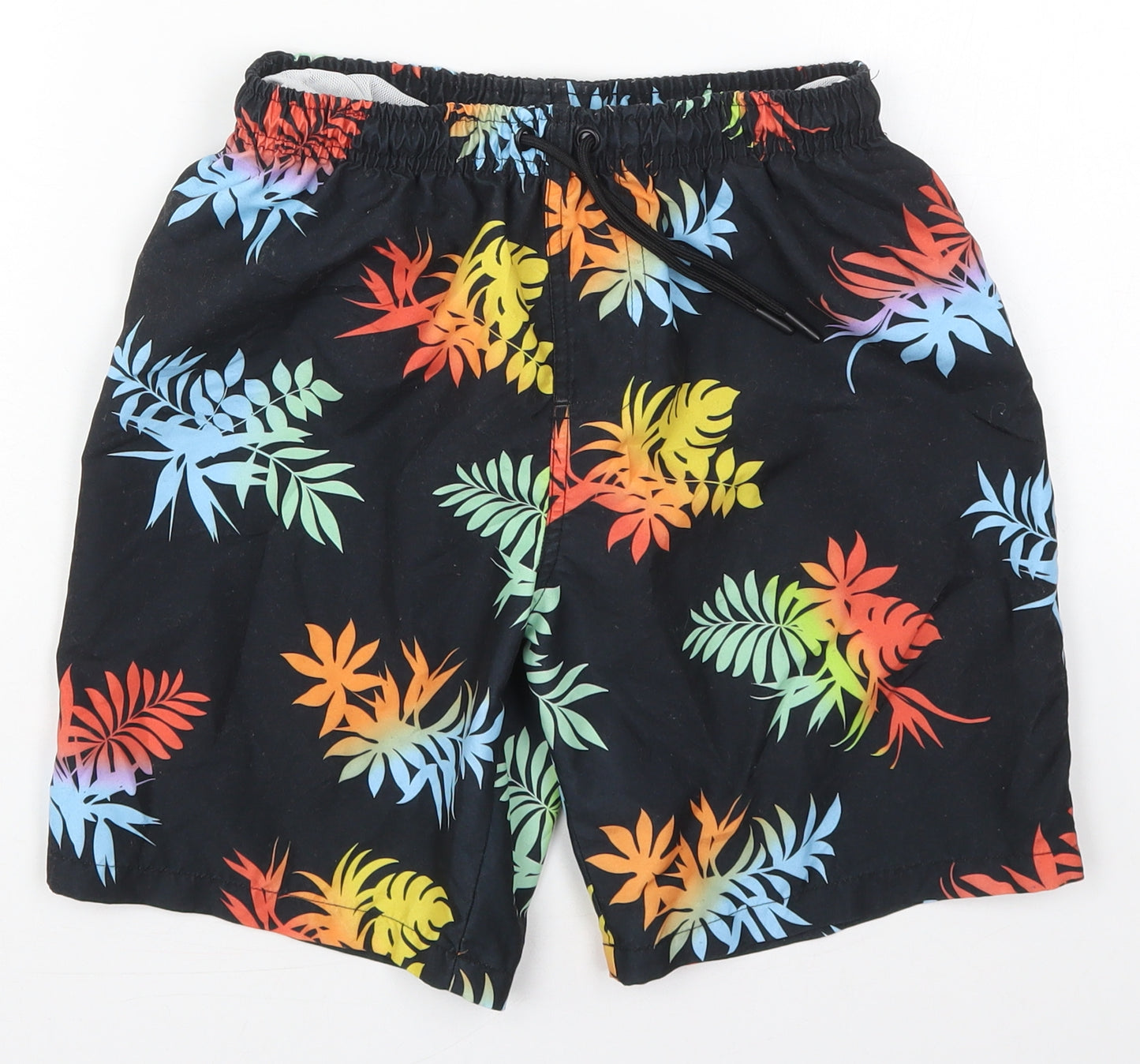 Primark Boys Black  Polyester Bermuda Shorts Size 12-13 Years  Regular Drawstring - Leaf Prints Swim Shorts