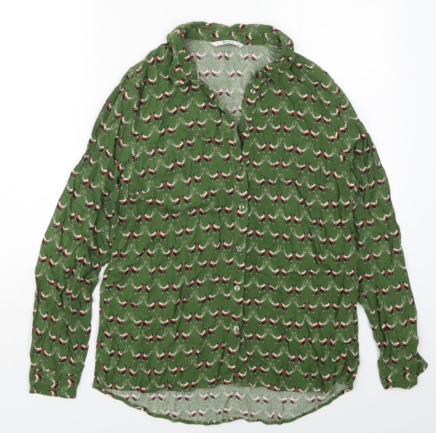 TU Womens Green  Viscose Basic Button-Up Size 14 Collared - Bird Prints