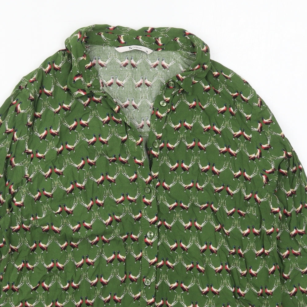 TU Womens Green  Viscose Basic Button-Up Size 14 Collared - Bird Prints
