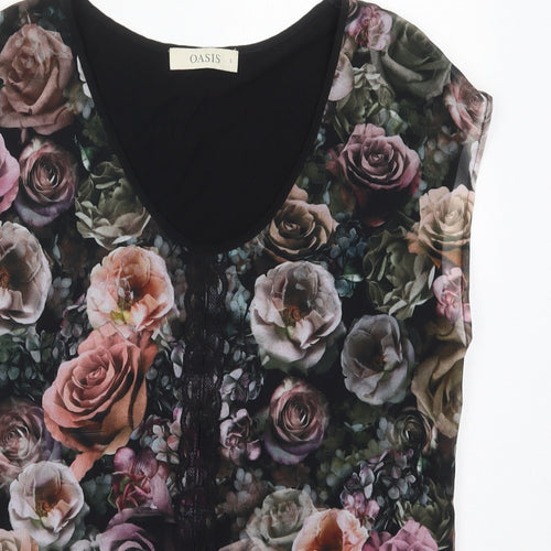 Oasis Womens Black Floral Polyester Basic T-Shirt Size S Round Neck
