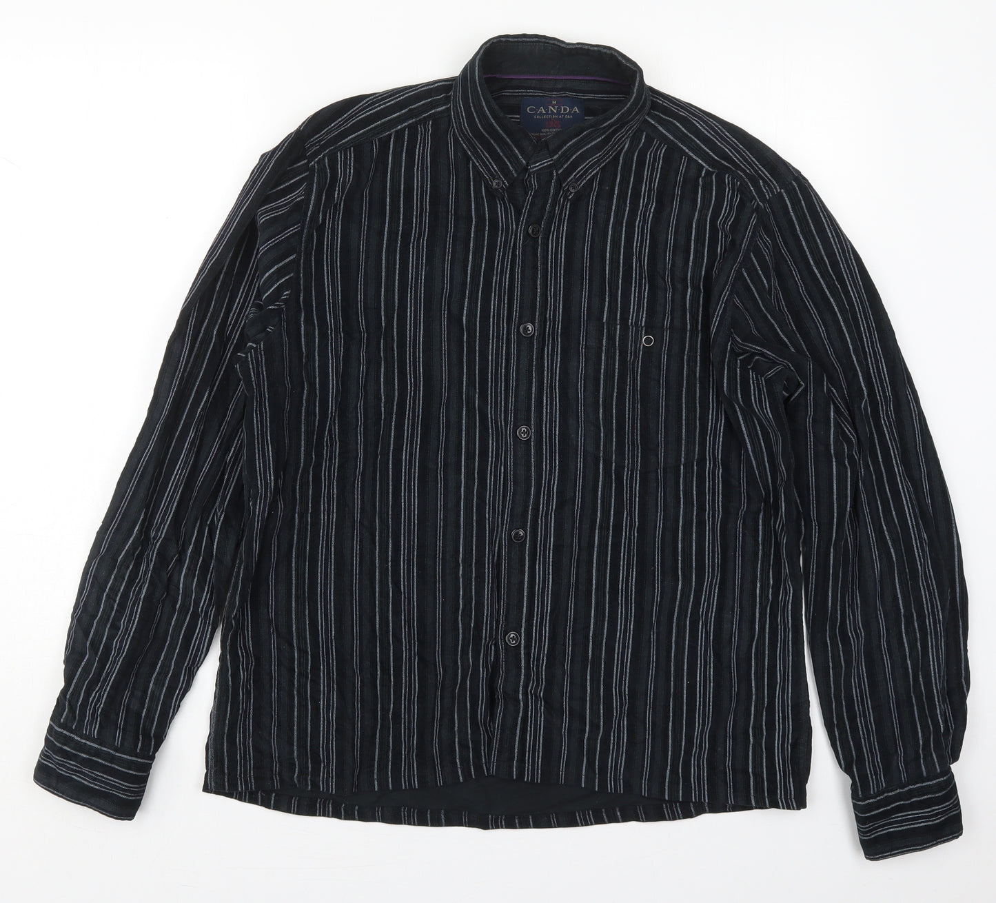 C&A Mens Black Striped Cotton  Button-Up Size M Collared Button
