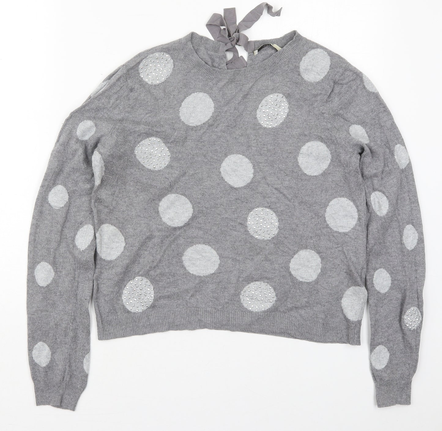 Oasis Womens Grey Crew Neck Polka Dot Cotton Pullover Jumper Size M