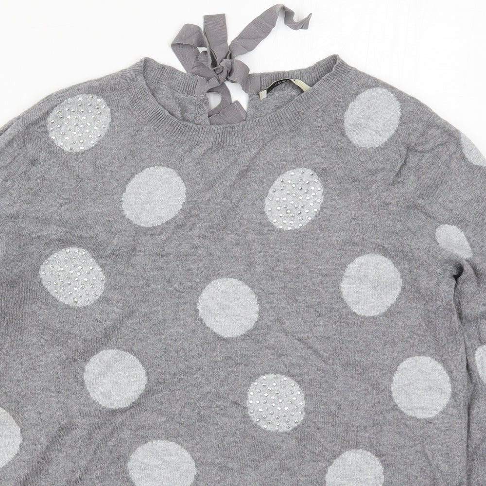 Oasis Womens Grey Crew Neck Polka Dot Cotton Pullover Jumper Size M
