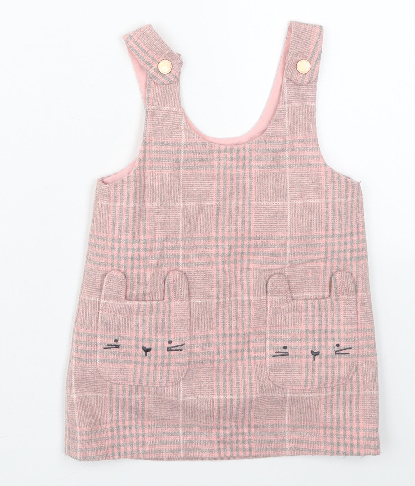 NEXT Girls Pink Check Wood Pinafore/Dungaree Dress  Size 12-18 Months  Scoop Neck Button - Cats