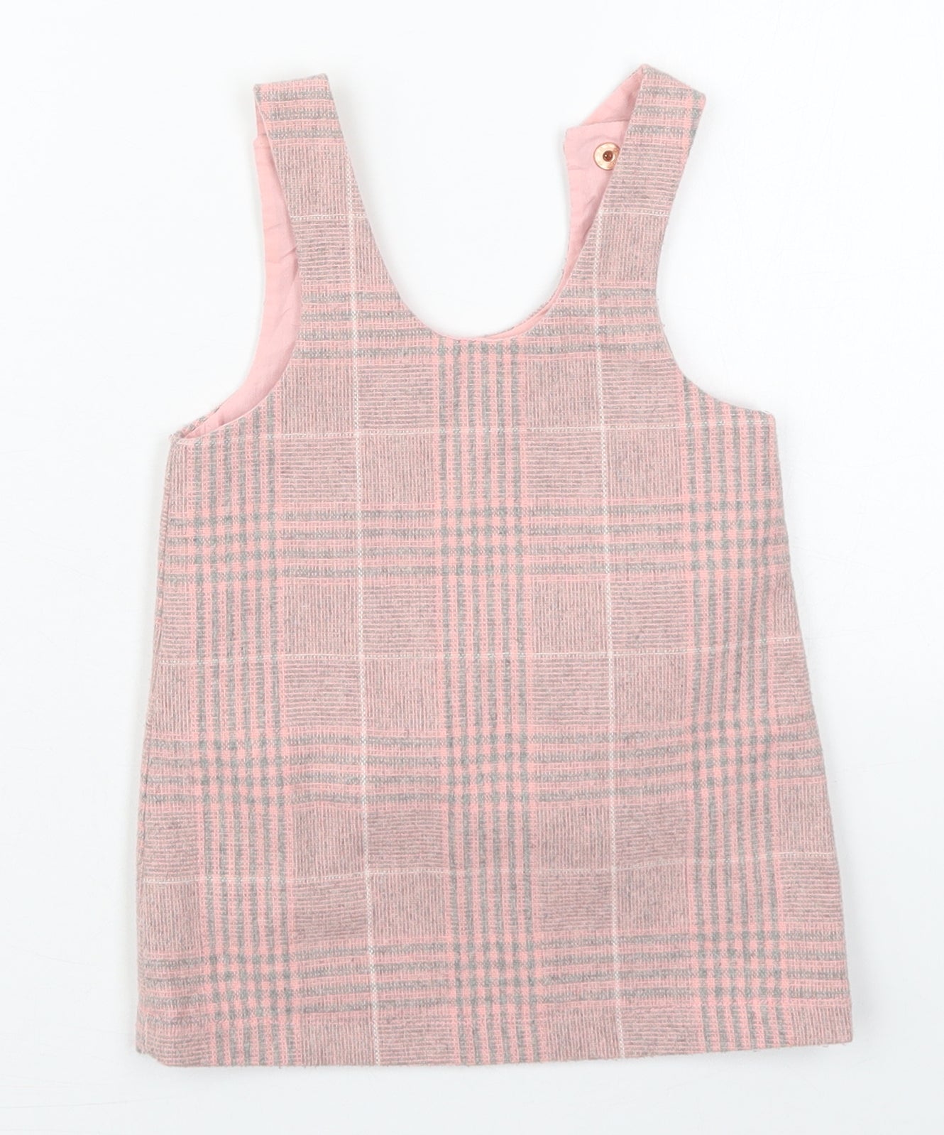NEXT Girls Pink Check Wood Pinafore/Dungaree Dress  Size 12-18 Months  Scoop Neck Button - Cats