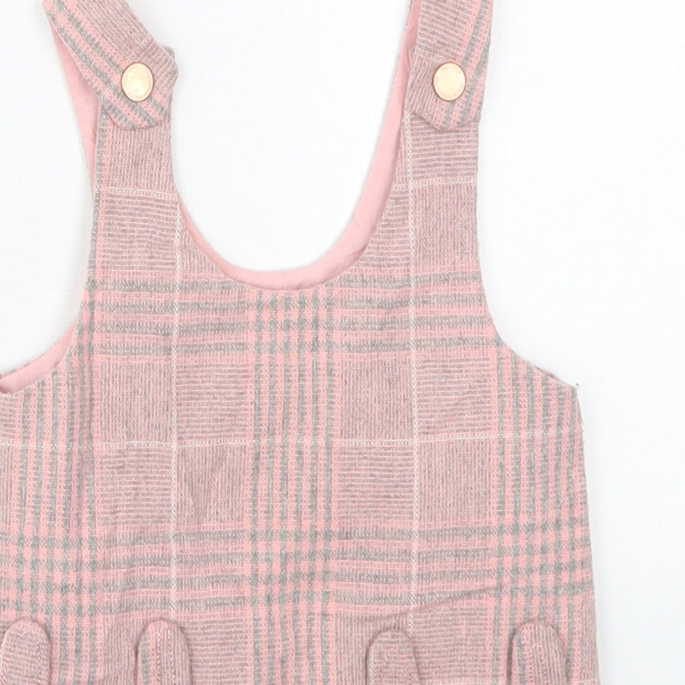 NEXT Girls Pink Check Wood Pinafore/Dungaree Dress  Size 12-18 Months  Scoop Neck Button - Cats