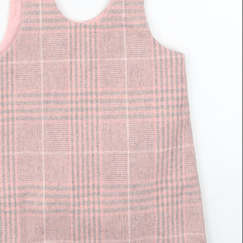 NEXT Girls Pink Check Wood Pinafore/Dungaree Dress  Size 12-18 Months  Scoop Neck Button - Cats