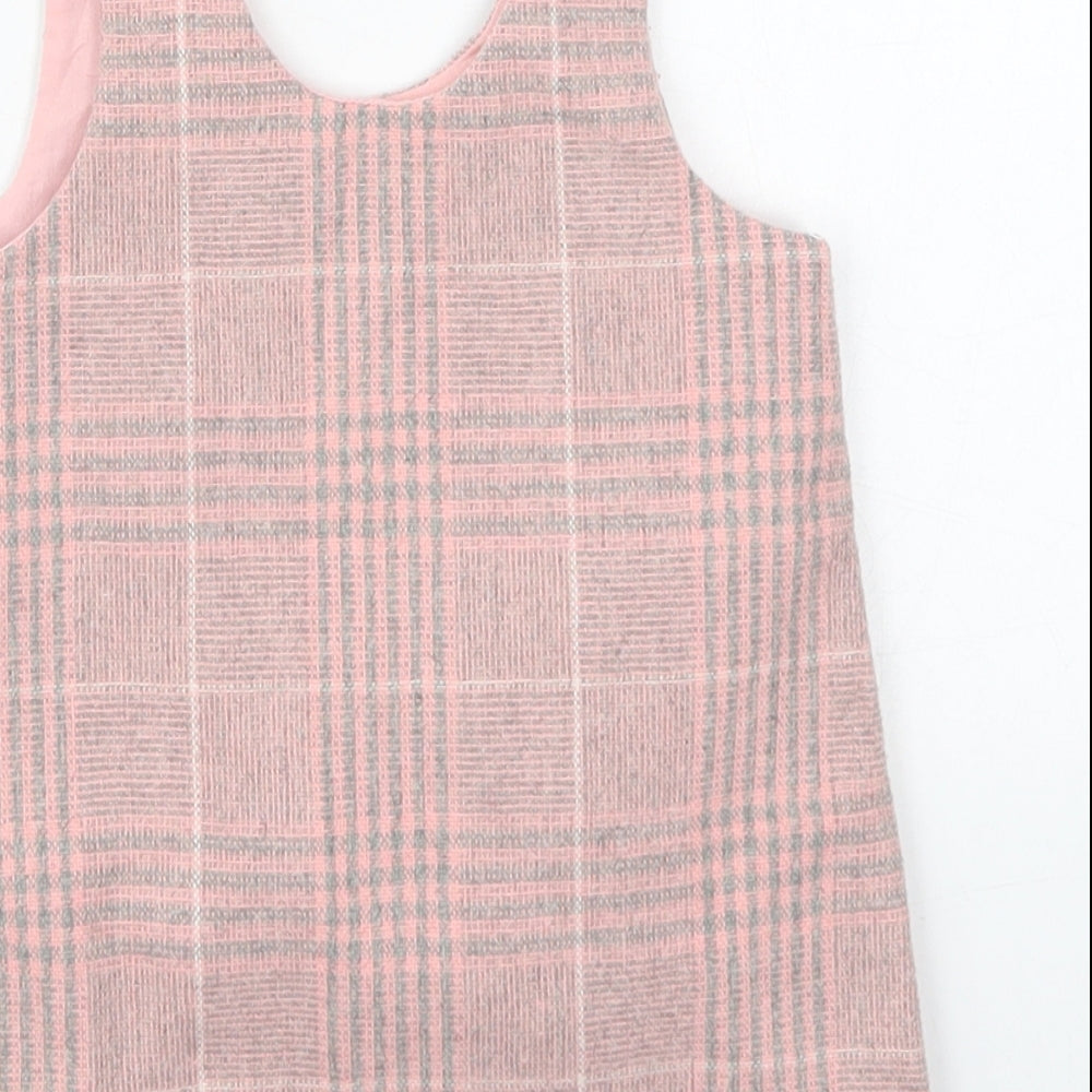NEXT Girls Pink Check Wood Pinafore/Dungaree Dress  Size 12-18 Months  Scoop Neck Button - Cats