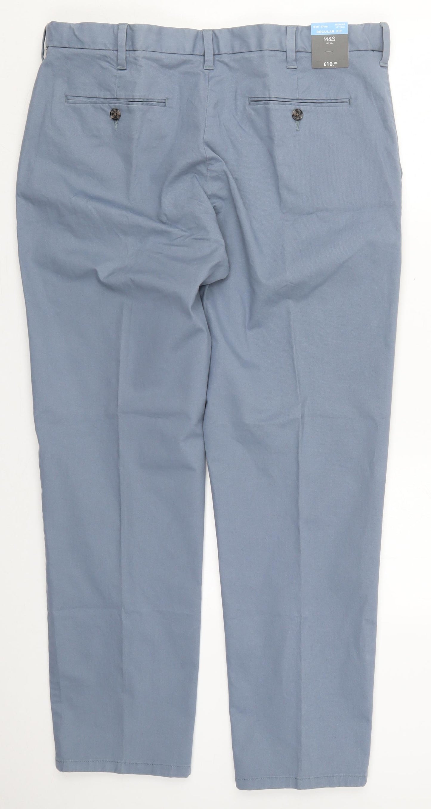 Marks and Spencer Mens Blue  Cotton Trousers  Size 38 L31 in Regular Button