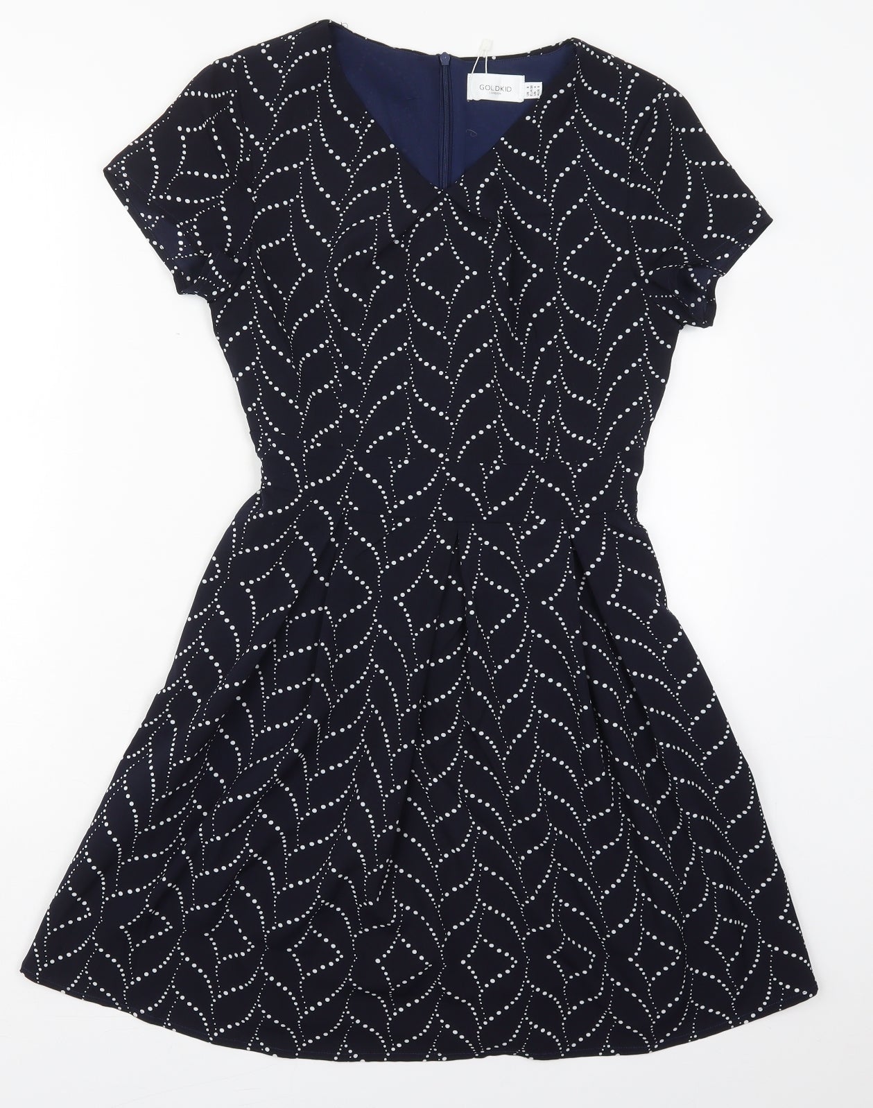 Goldkid Womens Blue Geometric Polyester Skater Dress  Size 8  V-Neck Zip