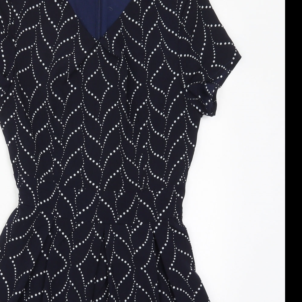 Goldkid Womens Blue Geometric Polyester Skater Dress  Size 8  V-Neck Zip