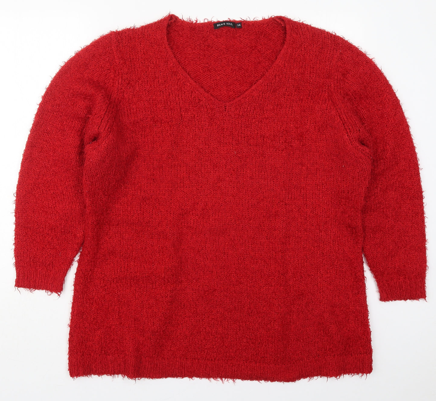Brave Soul Womens Red V-Neck  Acrylic Pullover Jumper Size 24