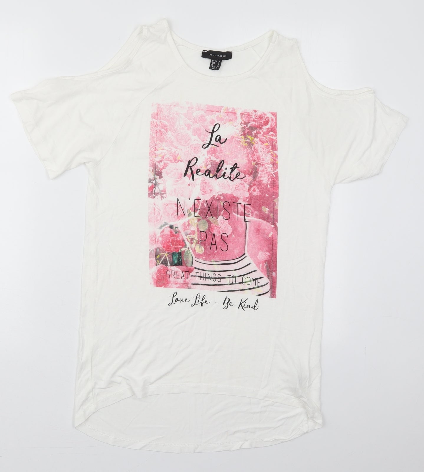 Atmosphere Womens White  Viscose Basic T-Shirt Size 8 Round Neck - Pink Roses