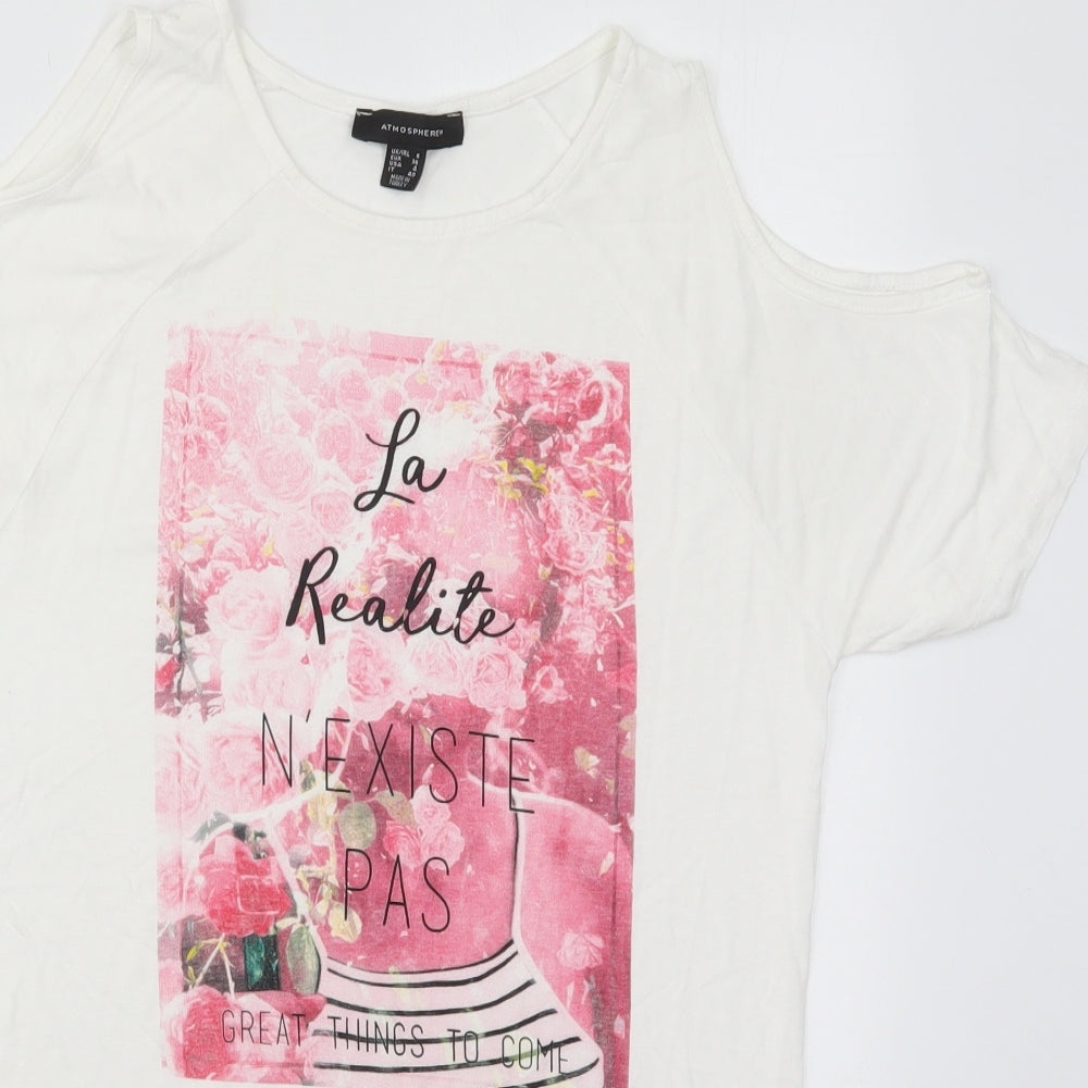 Atmosphere Womens White  Viscose Basic T-Shirt Size 8 Round Neck - Pink Roses