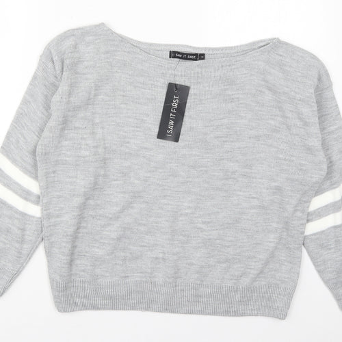 I SAW IT FIRST Womens Grey Boat Neck Striped Acrylic Pullover Jumper Size M