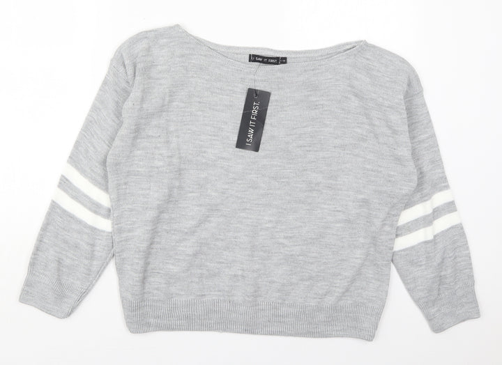 I SAW IT FIRST Womens Grey Boat Neck Striped Acrylic Pullover Jumper Size M