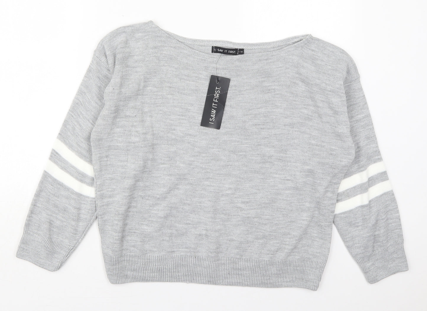 I SAW IT FIRST Womens Grey Boat Neck Striped Acrylic Pullover Jumper Size M
