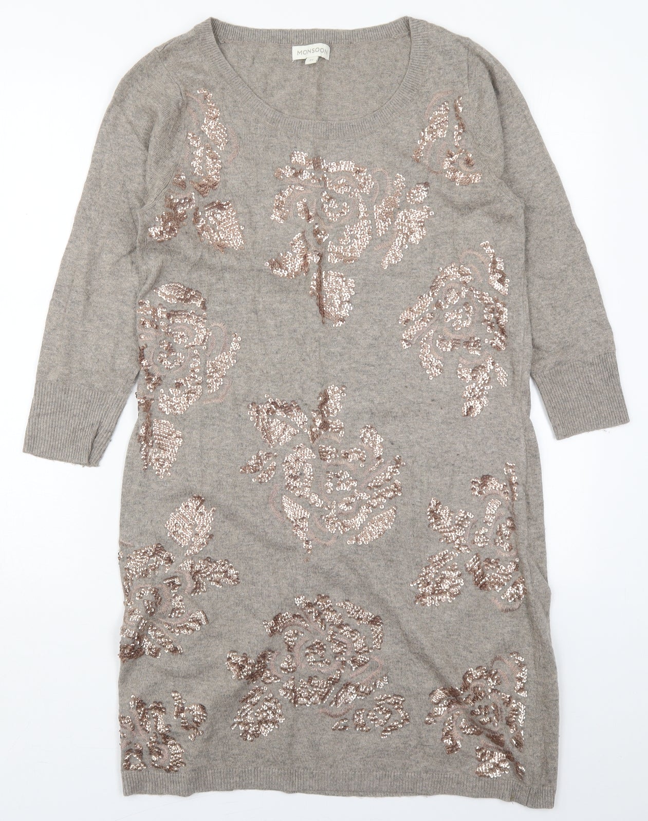 Monsoon Womens Brown Floral Cotton Jumper Dress  Size M  Round Neck Pullover