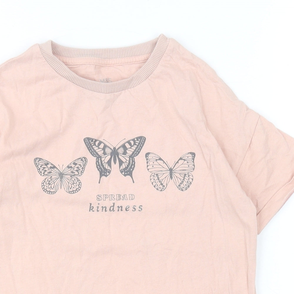 M&S Girls Pink  100% Cotton Basic Polo Size 6-7 Years Round Neck Pullover - Butterflies