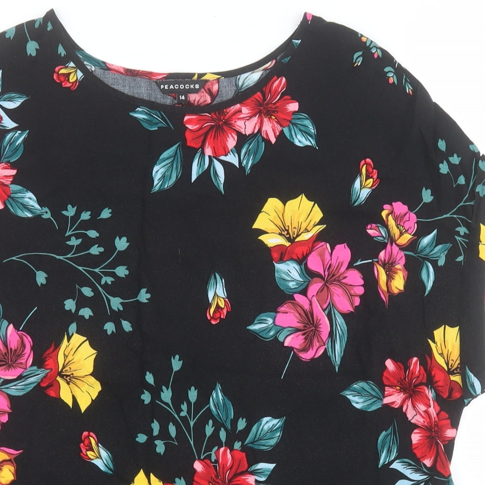 Peacocks Womens Black Floral Viscose Basic Blouse Size 14 Round Neck