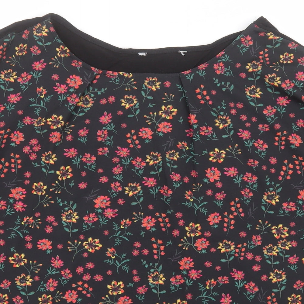 Peacocks Womens Black Floral Polyester Basic T-Shirt Size 14 Round Neck