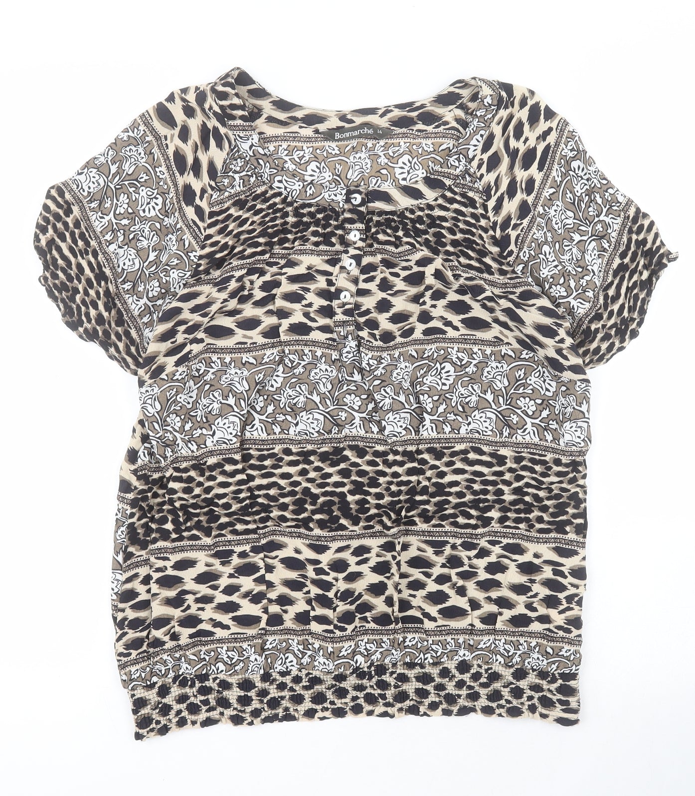 Bonmarche Womens Brown Animal Print Viscose Basic Blouse Size 14 Round Neck