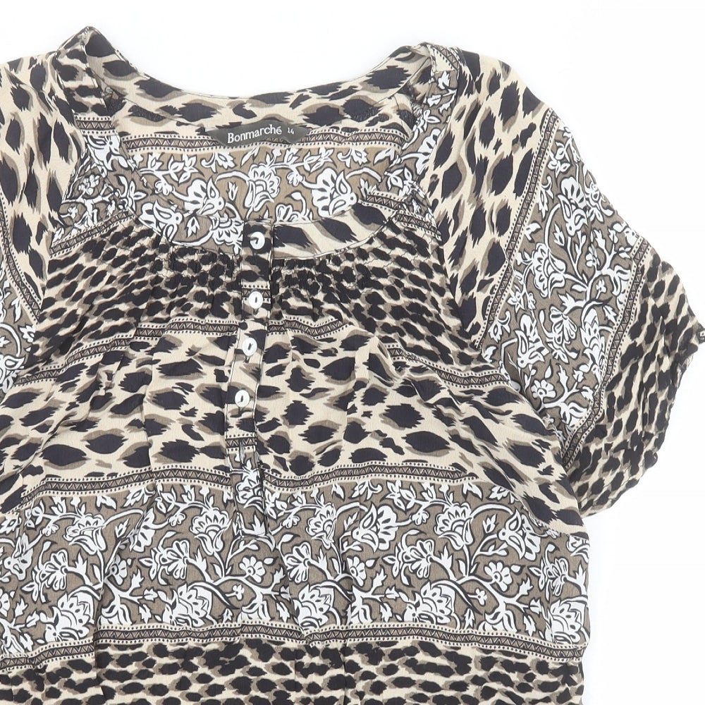 Bonmarche Womens Brown Animal Print Viscose Basic Blouse Size 14 Round Neck