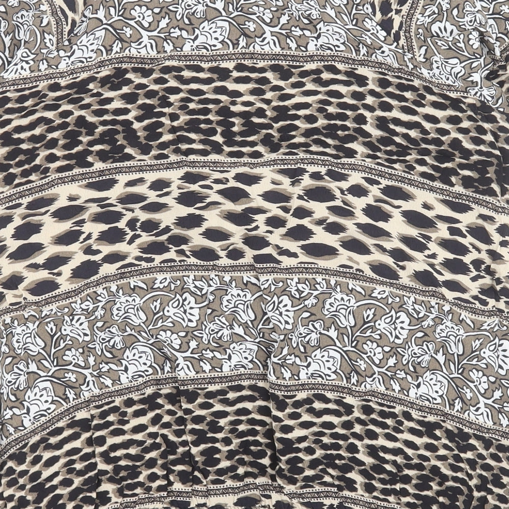 Bonmarche Womens Brown Animal Print Viscose Basic Blouse Size 14 Round Neck