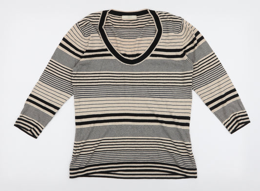 Front view of Marks and Spencer women’s multicoloured v-neck striped viscose jumper, size UK 12