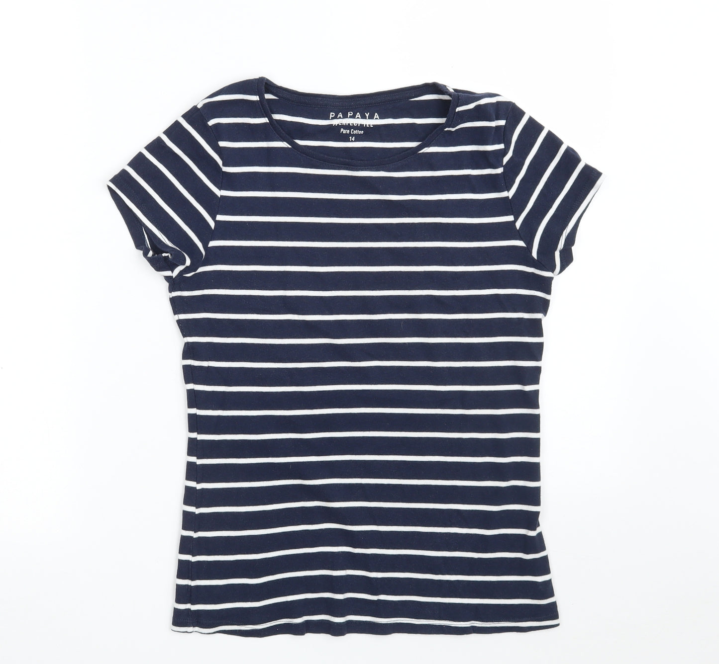 Papaya Womens Blue Striped 100% Cotton Basic T-Shirt Size 14 Crew Neck