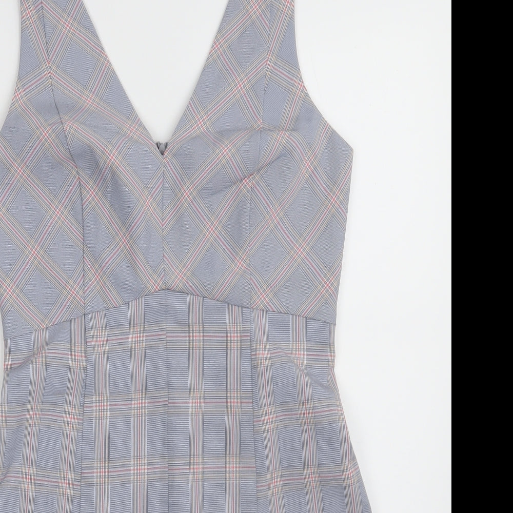 Oasis Womens Grey Plaid Polyester Shift  Size 10  V-Neck Zip