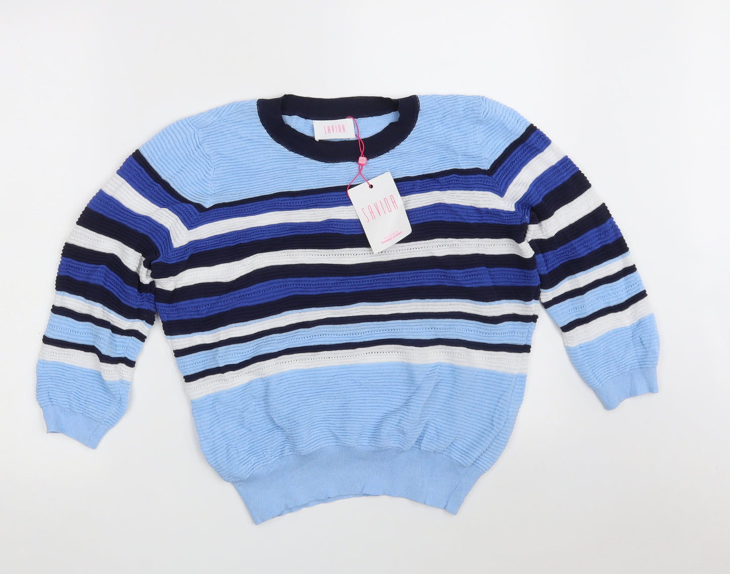 Savida Womens Blue Crew Neck Striped Viscose Pullover Jumper Size XL
