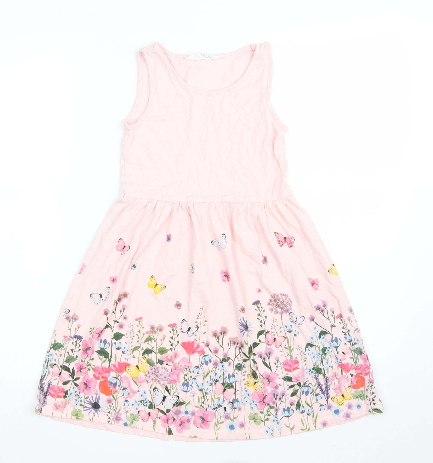 H&M Girls Pink Floral 100% Cotton Fit & Flare  Size 8-9 Years  Scoop Neck