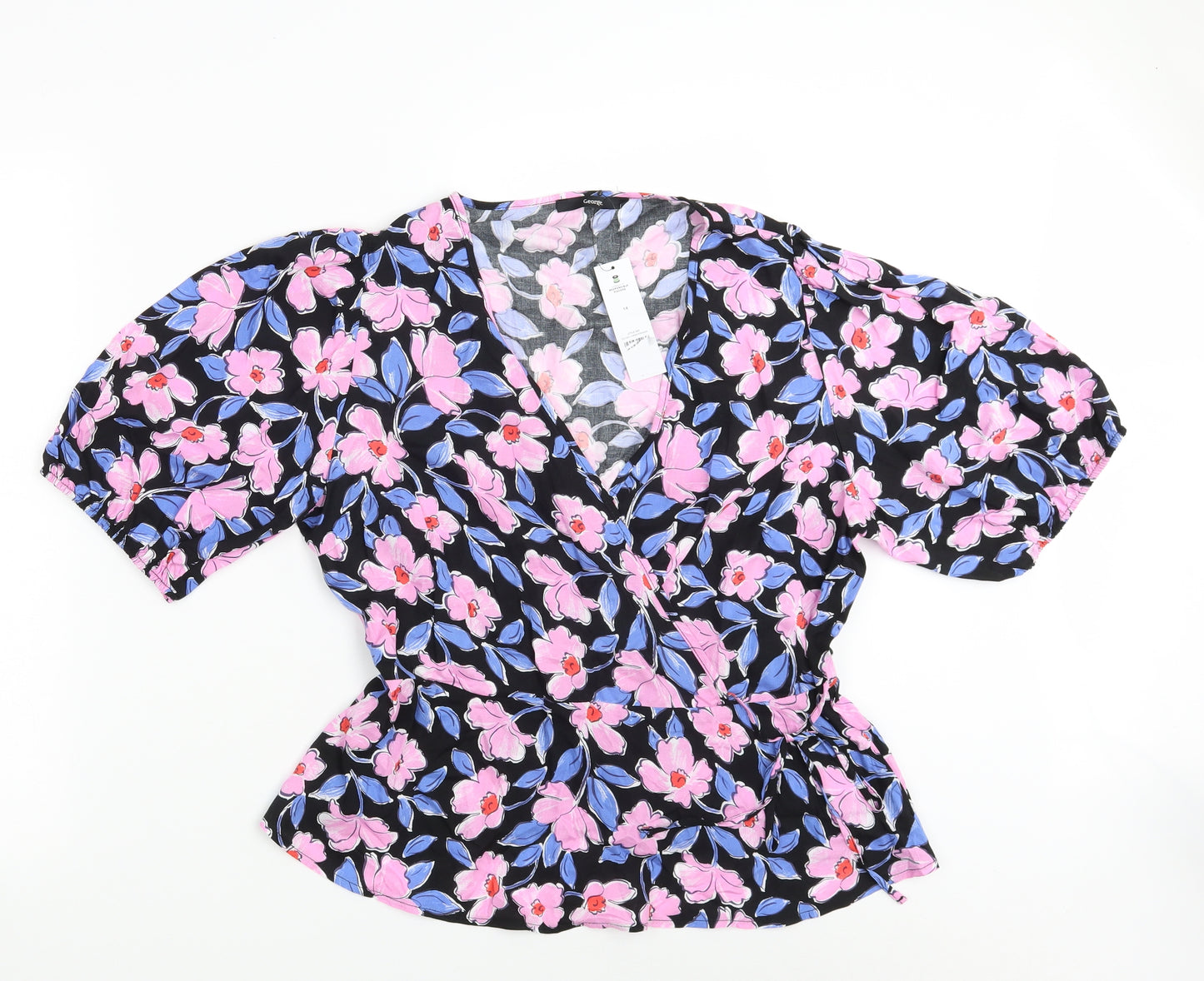 George Womens Multicoloured Floral Viscose Kimono Blouse Size 14 V-Neck - Tie