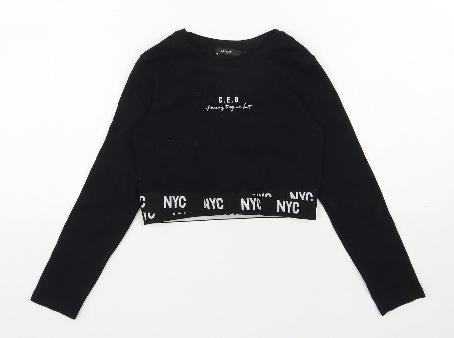 George Girls Black  Cotton Cropped T-Shirt Size 7-8 Years Round Neck Pullover